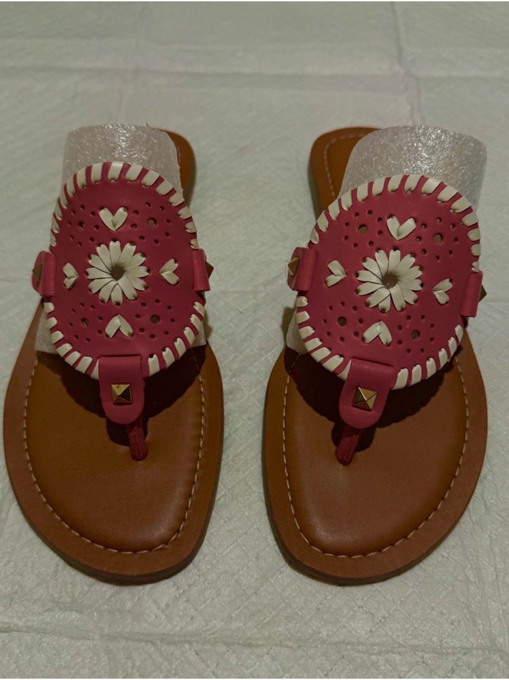 Jack Rogers Pink and White Floral Leather Thong Sandals